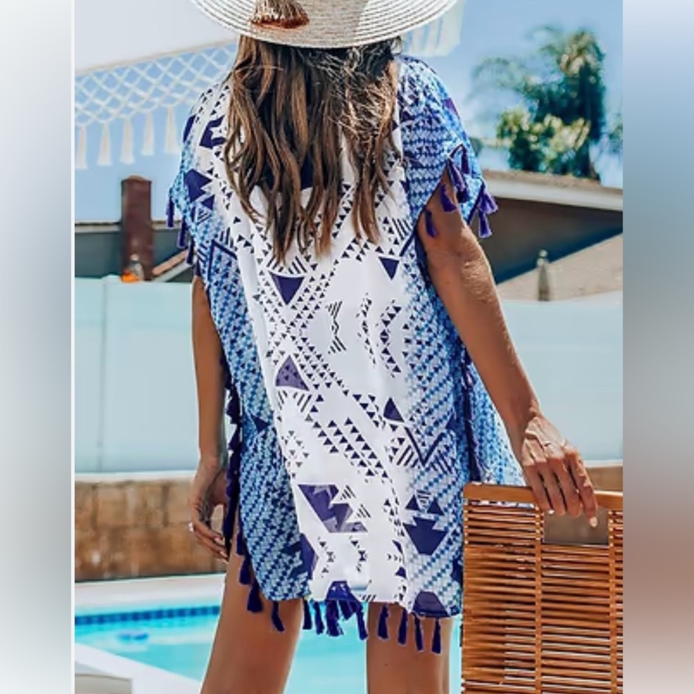Cupshe White and Blue Geometric Tassel Swim Coverup - Picture 2 of 4